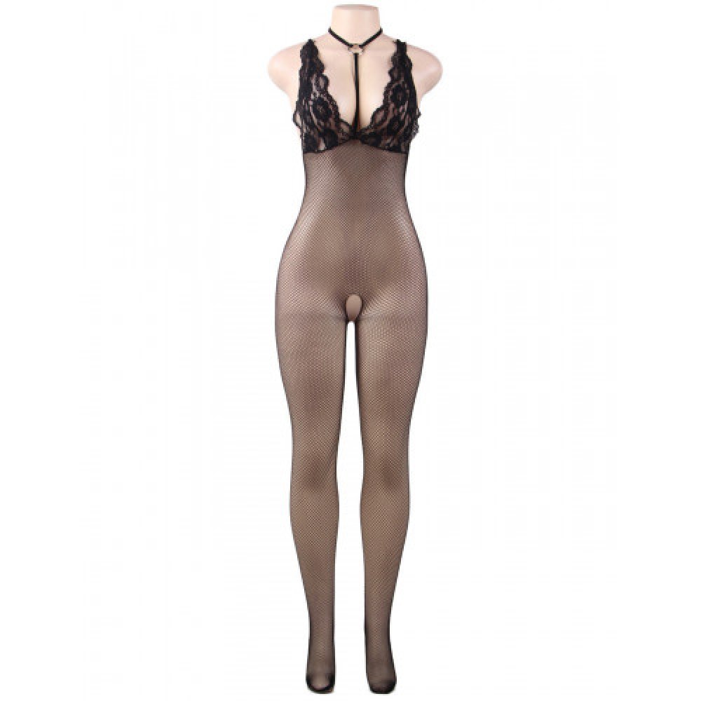Crotchless Fishnet Bodystocking with Lace Cups Black