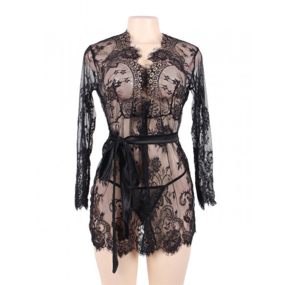 Floral Lace Kimono with String Black