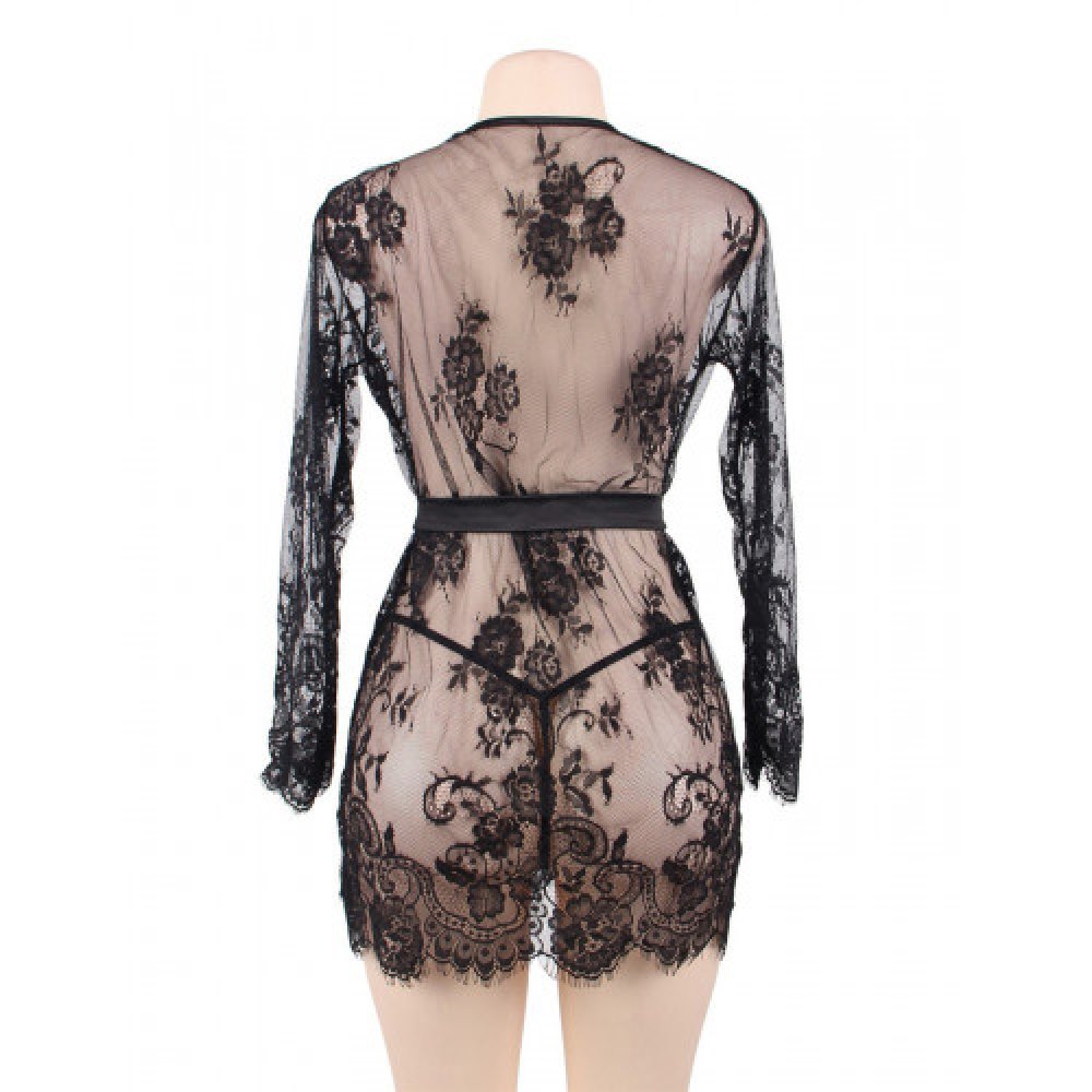 Floral Lace Kimono with String Black