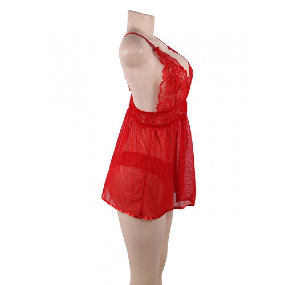 Love Me Mesh Chemise with Lace String Red