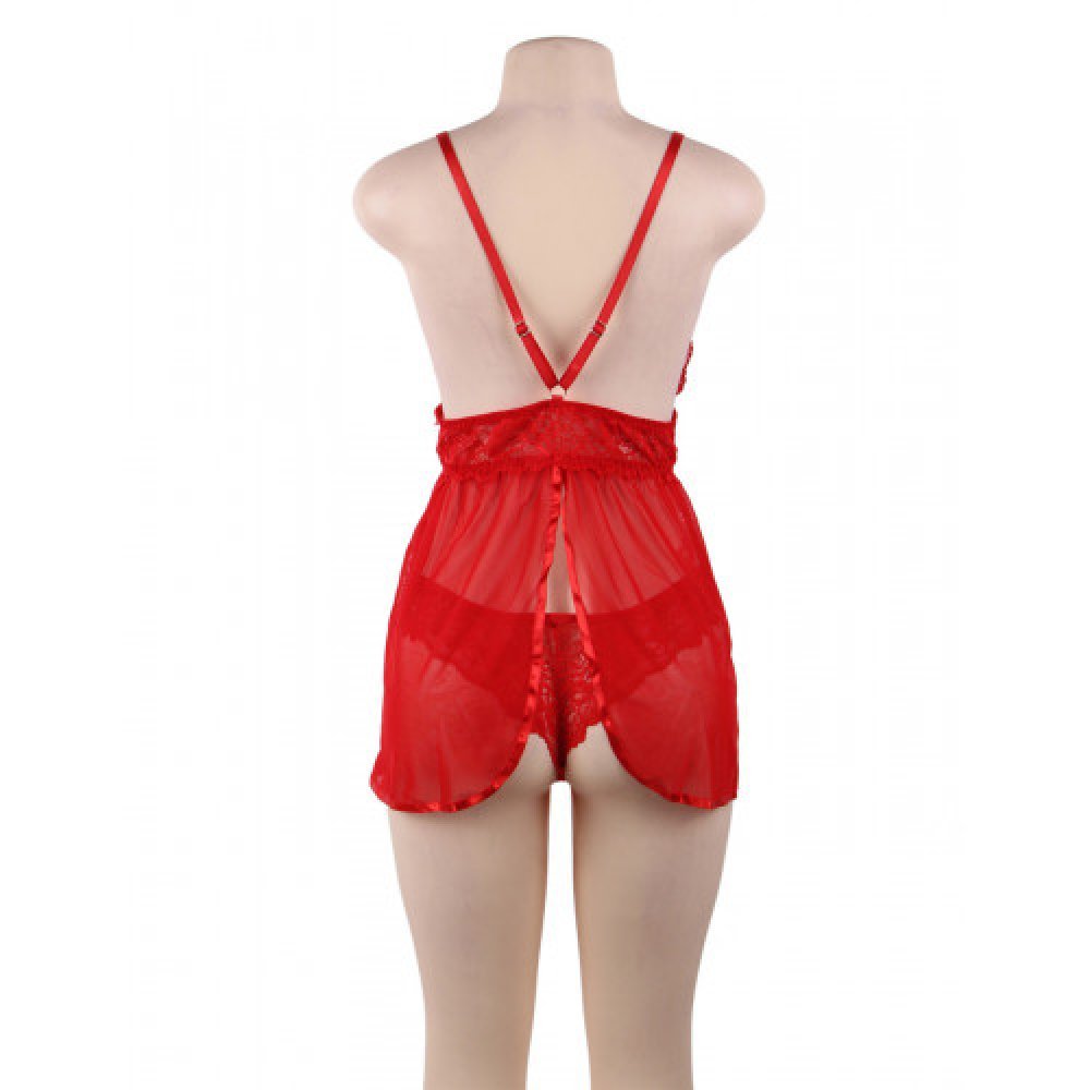 Love Me Mesh Chemise with Lace String Red