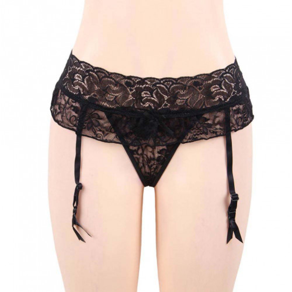 Plus Size Black Lace Garter with Crotchless String