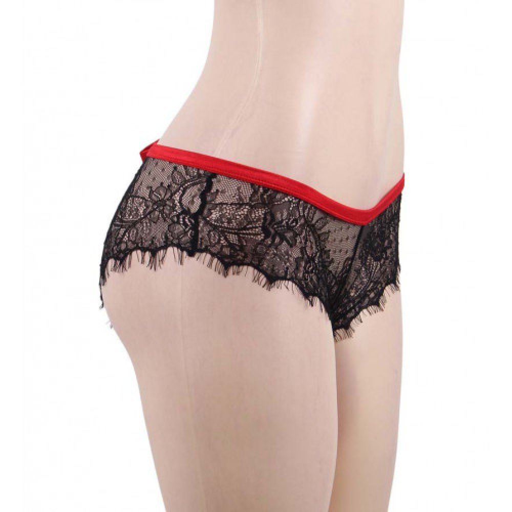 Plus Size Black Lace Knickers with Red Bow Back