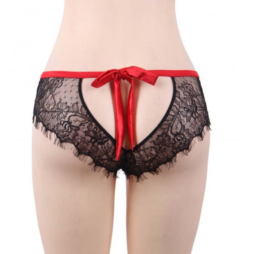 Plus Size Black Lace Knickers with Red Bow Back