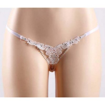 Plus Size Embroidered Floral G-String White