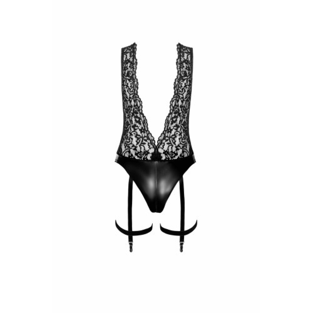 Noir handmade Deep-V bodysuit with collar, pearl chain and garter