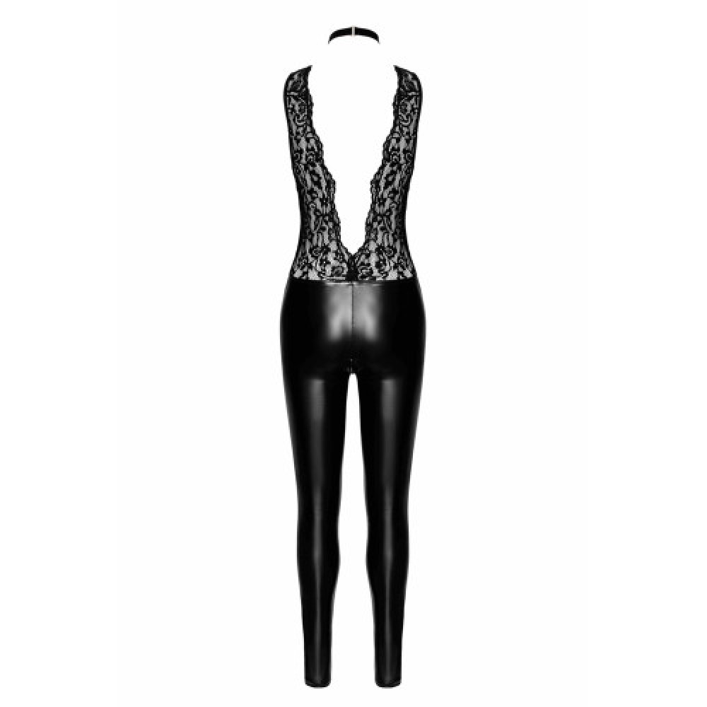 Noir handmade Deep-V catsuit with collar and pearl chain