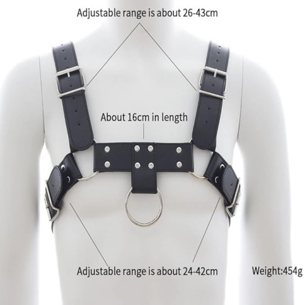 Black adjustable leather chest Harness with buckle strap O-rings