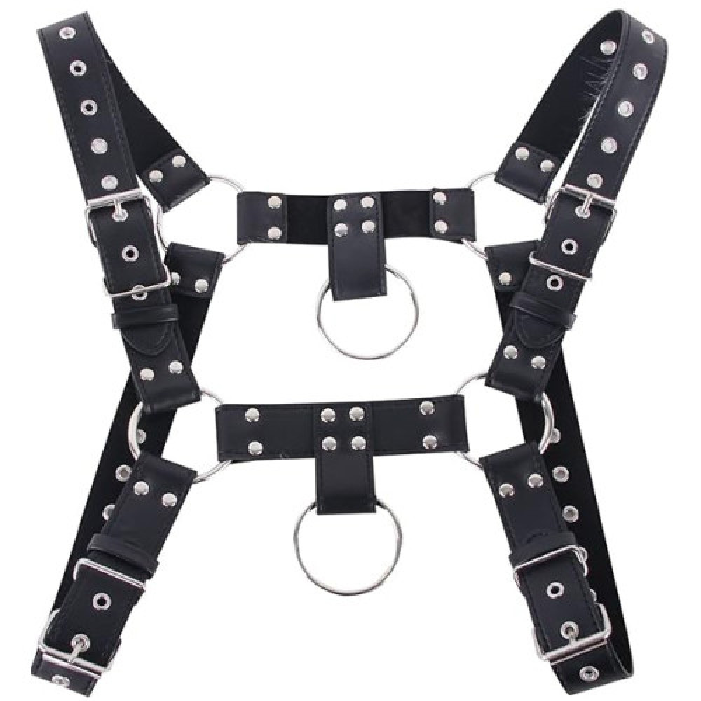 Black adjustable leather chest Harness with buckle strap O-rings